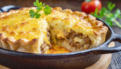 Hot, bubbling Shepherd's pie with a golden crust, filling of minced beef and cheddar cheese.