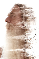 A paintography profile of an old man merging into brushstroke and paint splash
