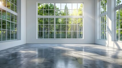 A Room with Tall Windows, White Walls, and a Concrete Floor. Concept Interior Design, Minimalist Decor, Industrial Style