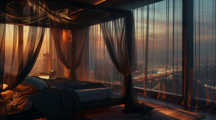 A penthouse bedroom with a dramatic flair, featuring a canopy bed shrouded in sheer, dark fabrics....