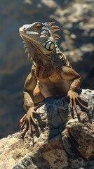 Iguana basking on a rocky cliff, sunlit, regal pose.