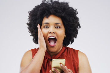 Black woman, portrait and phone surprise for notification in studio, salary increase and lottery...