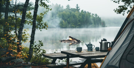 Serene lakeside camping scene with cozy tent and morning coffee setup