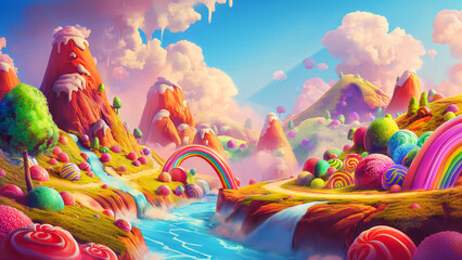A vibrant dreamy landscape with candy covered mountains colorful river and whimsical clouds. Sweet wonderland kid child fantasy concept
