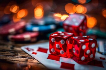 Red dice and casino chips with playing cards on wooden table with bokeh background