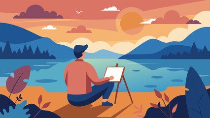 A painter sits by a lake capturing the beauty of the sunset on their canvas simultaneously reflecting on the Stoic principle of finding joy in simple. Vector illustration