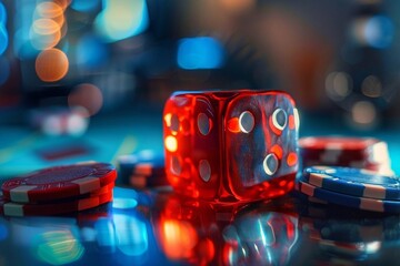 Red dice and chips on a blue background with bokeh. Casino gambling concept.