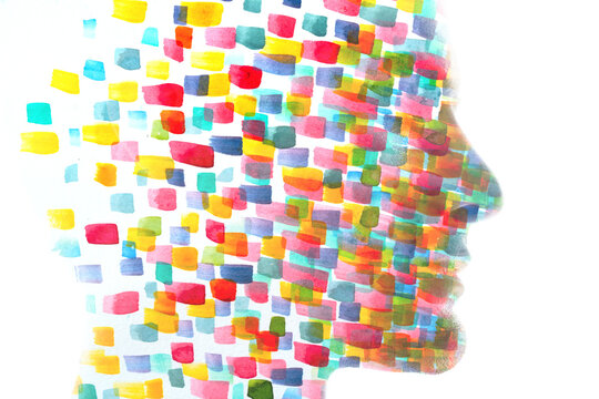 An abstract colorful profile silhouette of a man. A paintography