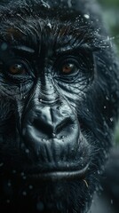 Mountain gorilla in misty Rwandan forest, close-up, natural lighting.