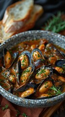 Fototapeta premium Mussels in white wine sauce, with garlic and herbs, baguette on the side.