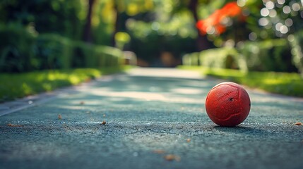 A closeup of Bocce ball, against Court as background, hyperrealistic sports accessory photography,...