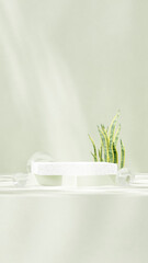 3D render of abstract pedestal podium display with leaves product for advertising in portrait