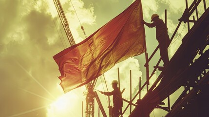 construction worker on the scaffolding with red flag at sunset background