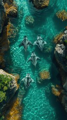 Overhead drone footage of stingrays swimming in coral-rich waters, elegant and serene.