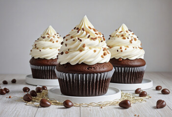  Decadent Dark Chocolate Cupcakes Topped with Fluffy Whipped Cream and a Cherry on Top 