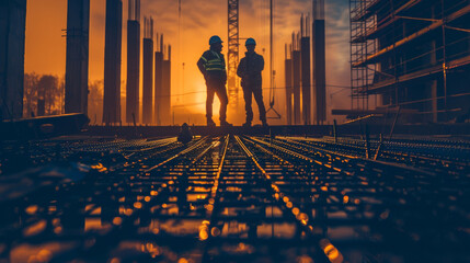 Two men standing on a construction site, one of them wearing a hard hat