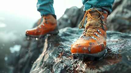 A closeup of Bouldering Climbing shoes, against Rock as background, hyperrealistic sports accessory...