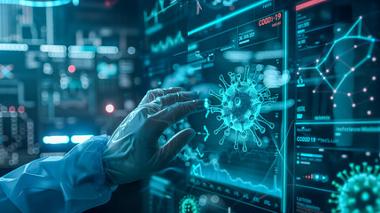 Fototapeta premium futuristic medical technology interface. It features a human hand interacting with a holographic display, which shows data and graphics with a virus cell