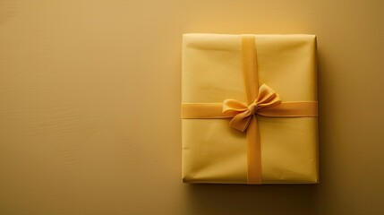 Gift box with yellow ribbon on a beige background. Top view.