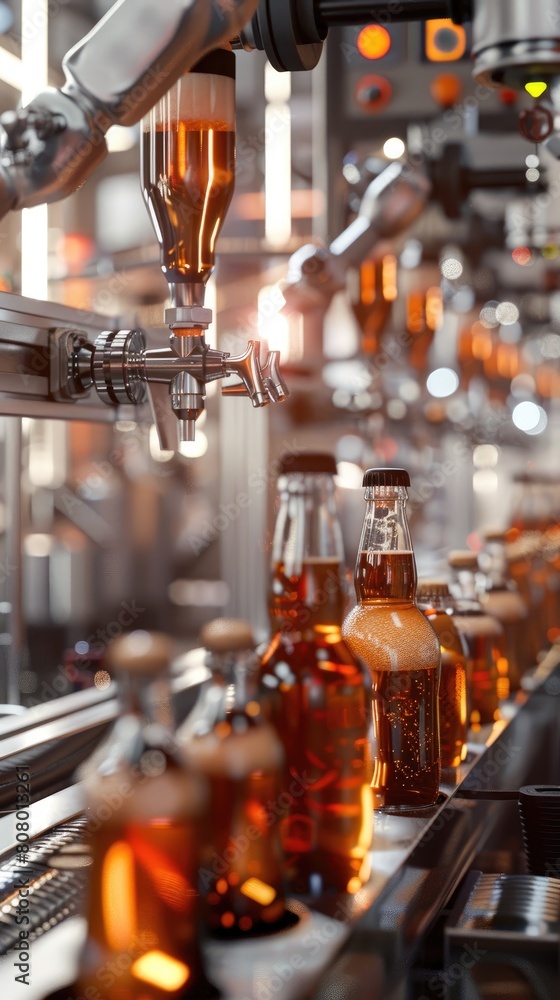 Poster robots in a brewery bottling beer, fast, efficient production line.