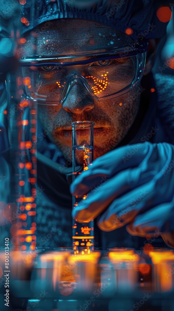 Poster scientist in a lab using nanotechnology to deliver gene-editing tools.