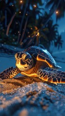 Sea turtle nesting on moonlit beach, ancient ritual.