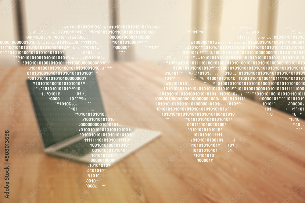 Fototapete double exposure of abstract digital world map on computer background, big data and blockchain concep