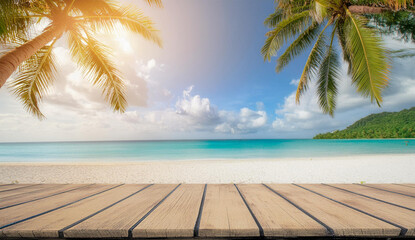 beach with palm trees and sea. serene beauty of a tropical beach viewed from a wooden pier. Summer...