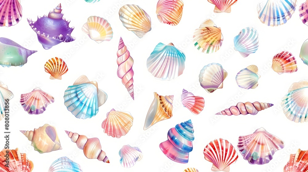 Poster vibrant seashell pattern with iridescent hues on white background
