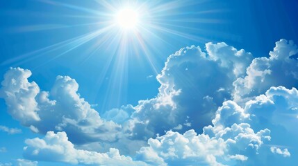 Naklejka na ściany i meble sun shines in blue sky with realistic clouds background. generative ai