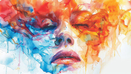 A painting of a woman's face with blue and red colors