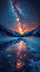 Starry sky above a glacier, the Milky Way mirrored on the ice below.