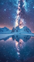 Starry sky above a glacier, the Milky Way mirrored on the ice below.