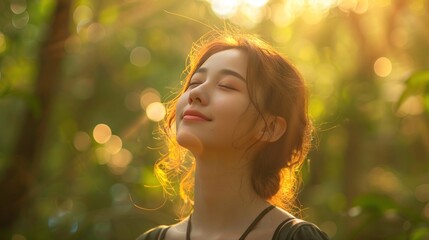 Fototapeta premium A beautiful young traveler enjoys the beauty of the lush forest and relaxes in the tranquility through the lush forest amidst the mesmerizing charm of nature in Thailand.