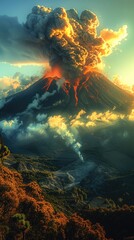 Sunrise casting golden hues over a smoking volcano, a tranquil yet potent force.