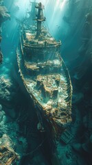 Sunken shipwreck exploration, marine archaeology, hidden treasures.