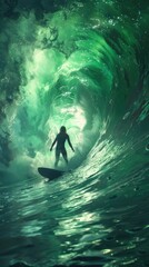 Surfing under the northern lights, surreal atmosphere, icy waters.