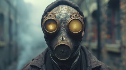 Post apocalyptic world. Man with gas mask looking for something in the ruins of the city.