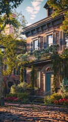 Obraz premium Walking along the riverfront in Savannah, historic homes, Southern charm, picturesque settings.