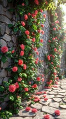 Naklejka premium Walled garden with climbing roses and espaliered fruit trees, a masterpiece of horticulture.