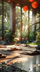 Fototapeta premium Yoga class at a corporate retreat, stress relief, team building .