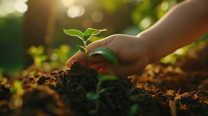 Close-up of children hands planting a tree in the soil, Planting young tree by kid hand on back soil as care and save wold concept, generative ai