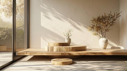 Simple podium in a quiet countryside, presenting handmade artisan crafts, natural landscapes around