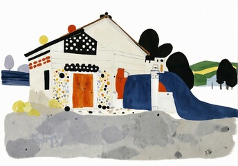 Naklejka premium illustration with old houses, mountains and trees. tempera paper, watercolor