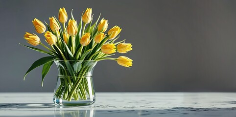 A bouquet of tulips stands on the table in a transparent glass vase with space for an inscription