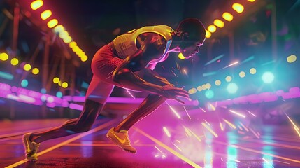 Obraz premium Dynamic female sprinter racing at night with vivid neon lights