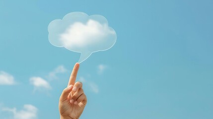 A hand performing a sign language gesture, holding a speech bubble against a sky blue background, promoting inclusivity and communication