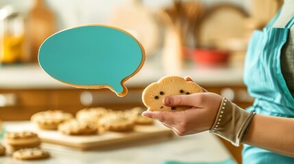 A hand wearing a chefs mitt holding a cookieshaped speech bubble, against a kitchenthemed background, ideal for baking parties or cooking tips