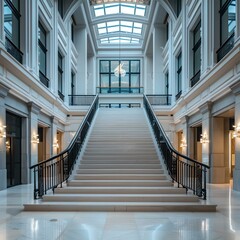 Elegant grand staircase in a luxurious building interior with natural light