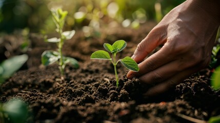 A person planting a sapling in fertile soil, symbolizing growth and sustainability
